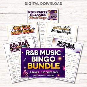R&B Music Bingo Bundle – 5 Games | 200 Cards, 80s, 90s, 2000s, 2010s, Party Classics, Printable Party Game