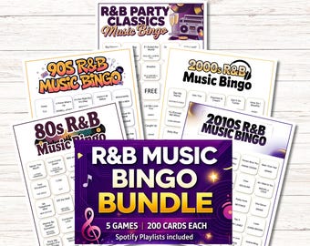 May include: A digital download R&B music bingo bundle featuring five game sets for the 80s, 90s, 2000s, and 2010s. Each white bingo card includes song titles and artist names, with a central purple promotional graphic titled R&B Music Bingo Bundle.
