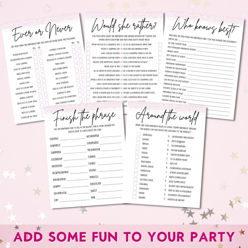 Editable Birthday Party Games for Women - Printable 20 Game Pack - Canva Template for 21st, 30th, 40th, 50th, 60th - Fun Girls Night Activities