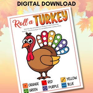 Roll A Turkey Dice Game, Printable Thanksgiving Game for Kids, Fun Family Activity, Holiday Party Game