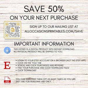 Puede incluir: Anuncio de producto digital sobre fondo de madera. El texto dice "SAVE 50% ON YOUR NEXT PURCHASE" y proporciona instrucciones de descarga. Incluye un c&oacute;digo QR y la direcci&oacute;n ALLOCCASIONSPRINTABLES.COM/SAVE.