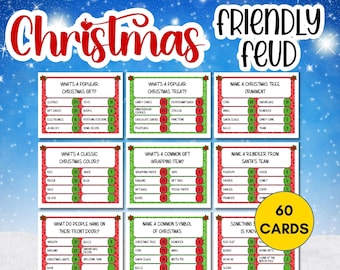 May include: A printable Christmas-themed game with 60 cards featuring questions about popular Christmas gifts, treats, colors, and symbols. The game is called "Christmas Friendly Feud" and is designed for instant fun.