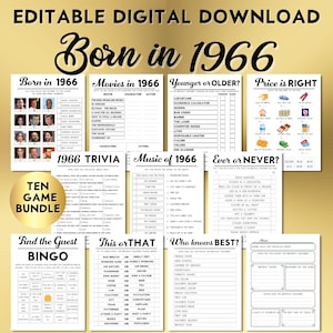 May include: A digital download bundle of ten games with a 1966 theme. The games include trivia, bingo, and other activities. The bundle is designed for a birthday celebration and includes editable templates.