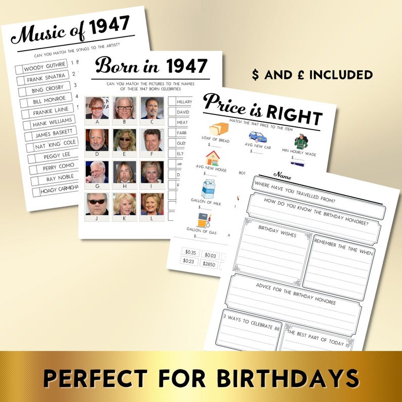 K&ouml;nnte beinhalten: Ein Set aus vier wei&szlig;en Papier-Aktivit&auml;tsbl&auml;ttern f&uuml;r eine Geburtstagsfeier zum Jahr 1947. Die Bl&auml;tter enthalten Spiele mit den Titeln Music of 1947, Born in 1947 mit Prominentenfotos, Price is Right mit Illustrationen und eine Geburtstagskarte.
