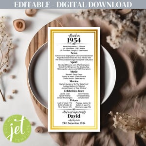 Marque-places pour le 71e anniversaire, modèle imprimable modifiable de 1954, cartes de table personnalisables pour une célébration, un dîner