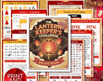 May include: A printable escape room game themed around Chinese New Year. The game features a red lantern with fireworks and the text "The Lantern Keeper's Challenge: Escape Room".