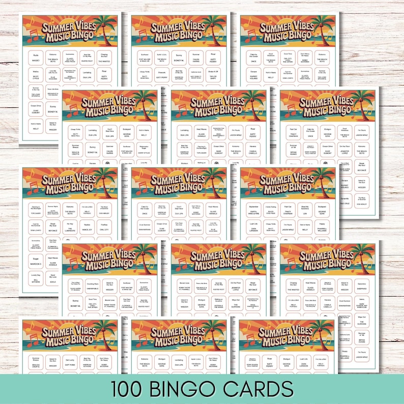Pode incluir: Um conjunto de 100 cart&otilde;es "Summer Vibes Music Bingo". Cada cart&atilde;o apresenta uma cena de praia com uma palmeira e o t&iacute;tulo do jogo. As caixas de bingo cont&ecirc;m palavras relacionadas &agrave; m&uacute;sica, perfeitas para uma festa de ver&atilde;o.