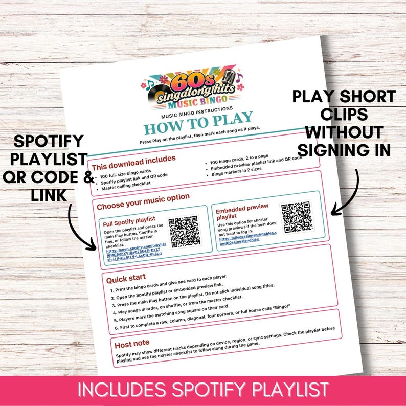May include: A white instructional sheet for 60s Singalong Hits Music Bingo. The document includes sections for how to play, a list of download contents, Spotify playlist QR codes, and a quick start guide. The text is printed in black, teal, and red.