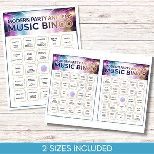 May include: Two sheets of Modern Party Anthems Music Bingo cards. The cards feature a colorful design with song titles and artist names. The text "2 Sizes Included" is at the bottom. The background is a light wood grain.