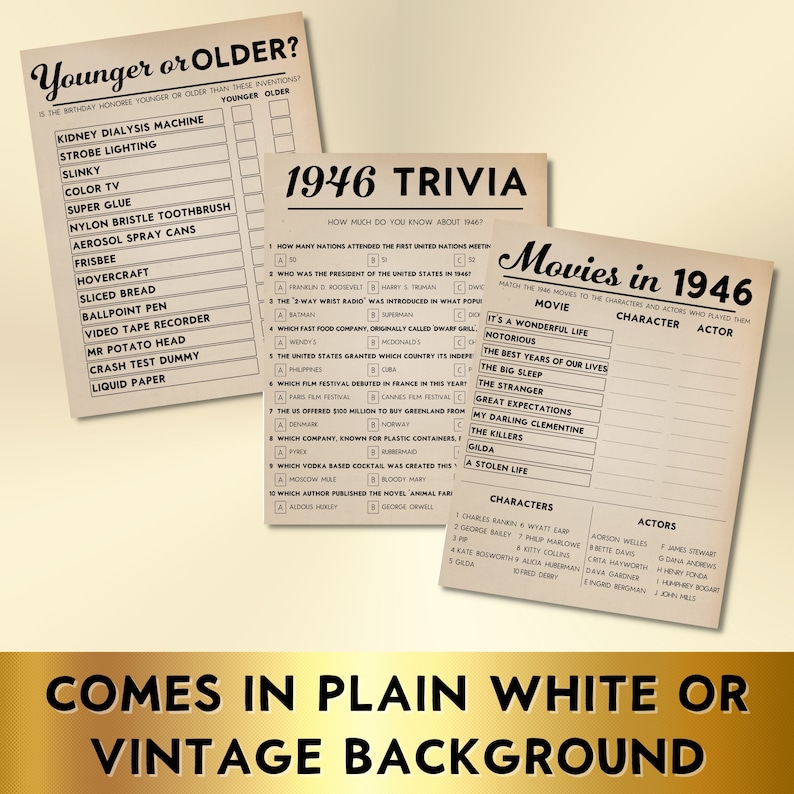 79th Birthday Party Games, Born in 1946, Printable 10 Game Bundle, Instant Download, Editable, Personalize, Music, Trivia, Guest Book BP001