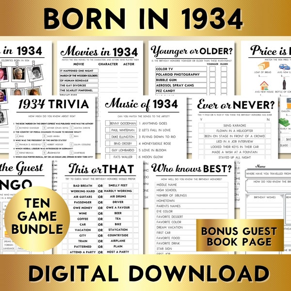 90th Birthday Party Games, Born in 1934, 10 Game Bundle, Printable, Editable, Instant Download, Bingo, Price Is Right, Music, Trivia