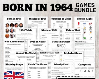 60th Birthday Games Bundle, Born In 1964 Games, UK Edition, Party Games, 1964 Trivia, 30+ Game Bundle