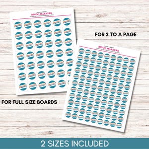 May include: Two printable sheets of circular bingo markers featuring a teal background and the text Beach Vibes Bingo Board. The left sheet contains larger markers for full size boards, while the right sheet contains smaller markers for two to a page.
