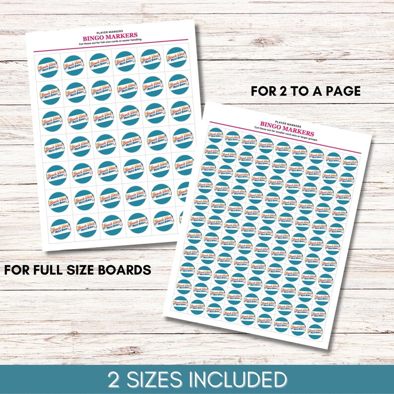 May include: Two printable sheets of circular bingo markers featuring a teal background and the text Beach Vibes Bingo Board. The left sheet contains larger markers for full size boards, while the right sheet contains smaller markers for two to a page.