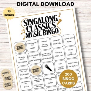 Singalong Classics Music Bingo, 75 Songs, 200 Cards, Printable Party Game, Instant Download