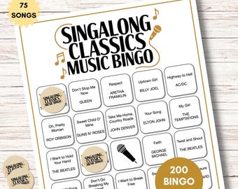 Singalong Classics Music Bingo, 75 Songs, 200 Cards, Printable Party Game, Instant Download