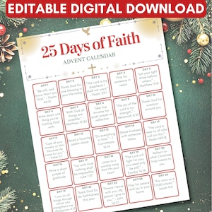 Könnte beinhalten: Ein Adventskalender mit dem Titel "25 Days of Faith" mit täglichen Impulsen für Reflexion und Gebet. Der Kalender hat ein festliches Design mit Weihnachtsthema, einschließlich dekorativer Elemente und Text in gut lesbarer Schrift.