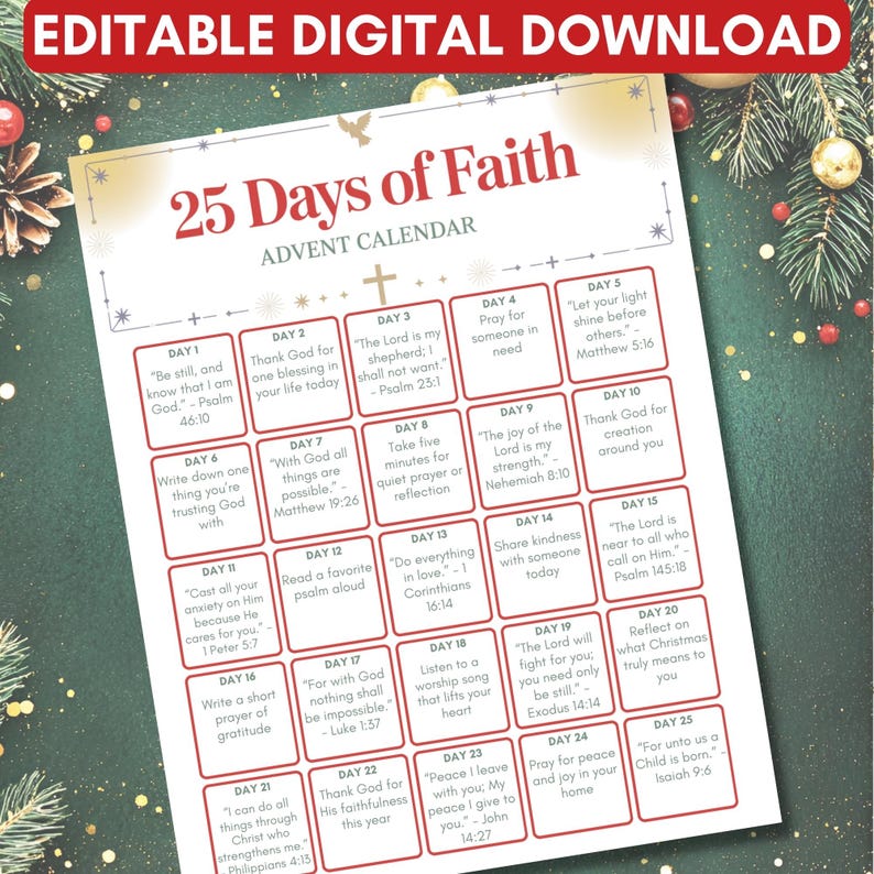 Christmas Advent Calendar – 25 Days of Faith – Editable Printable ...