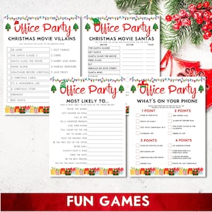 Pu&ograve; includere: Un set di giochi di festa di Natale stampabili con uno schema di colori rosso e verde festivo. I giochi includono "Christmas Movie Villains", "Christmas Movie Santas", "Most Likely To..." e "What's On Your Phone".