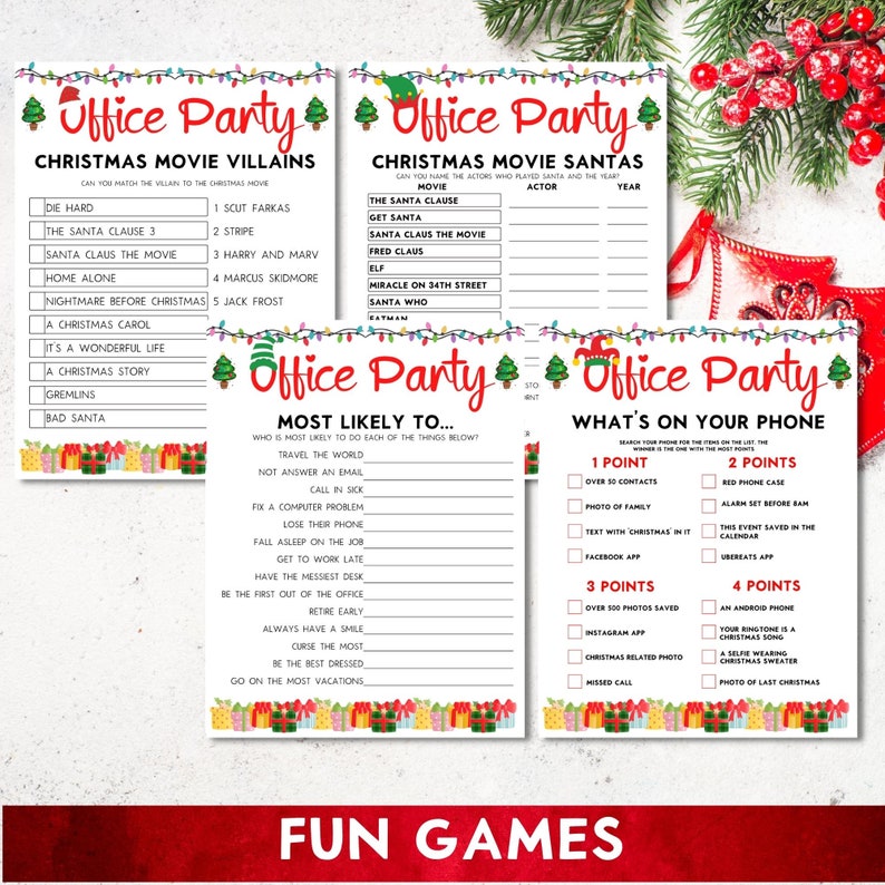 Pu&ograve; includere: Un set di giochi di festa di Natale stampabili con uno schema di colori rosso e verde festivo. I giochi includono "Christmas Movie Villains", "Christmas Movie Santas", "Most Likely To..." e "What's On Your Phone".