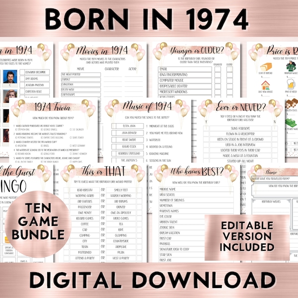 50th Birthday Party Games For Her, Born in 1974 Birthday, Printable Bundle, Instant Download, Editable, Personalize, Price Is Right, BP001