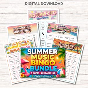 Summer Music Bingo Bundle – 5 Printable Games, 200 Cards | 80s 90s 2000s & More