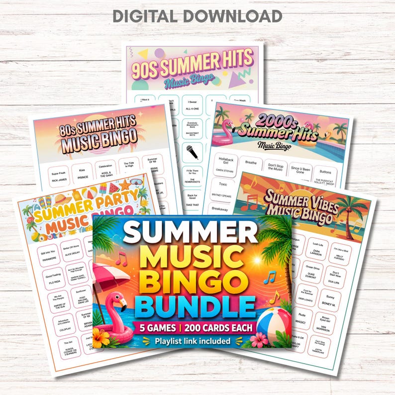 Summer Music Bingo Bundle – 5 Printable Games, 200 Cards | 80s 90s 2000s & More