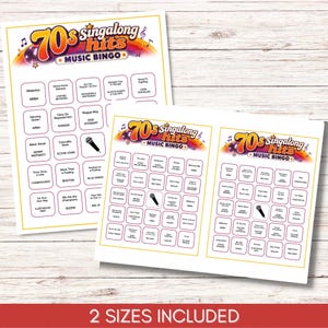 May include: Three printed 70s singalong hits music bingo game cards featuring a colorful rainbow header, musical notes, and a disco ball. Each card contains a grid of song titles and artist names, with a black microphone icon in the center square.