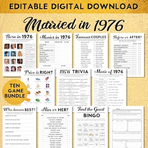 49th Anniversary Party Games, Married in 1976, Golden Wedding, Fun Editable Printable Games for Adults, Instant Download