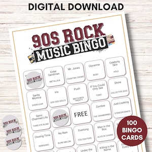 Bingo de música rock de los 90, 100 tarjetas imprimibles con lista de reproducción de Spotify, divertido juego de música de los 90 para fiestas, reuniones y noches de juegos, descarga instantánea