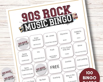 90s Rock Music Bingo, 100 Printable Cards with Spotify Playlist, Game for Parties, Reunions