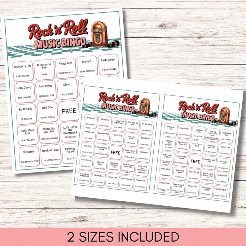 1950s & 60s Rock 'n' Roll Music Bingo Game – Printable Retro Party Game – 100 Unique Cards – Instant Download – Rock and Roll Bingo