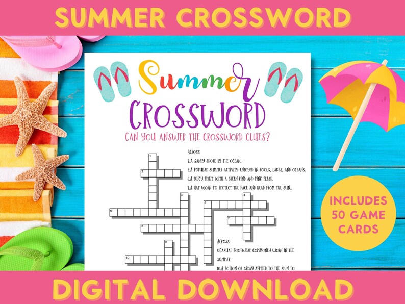 Summer Crossword Page Printable Activities Pool Party Etsy