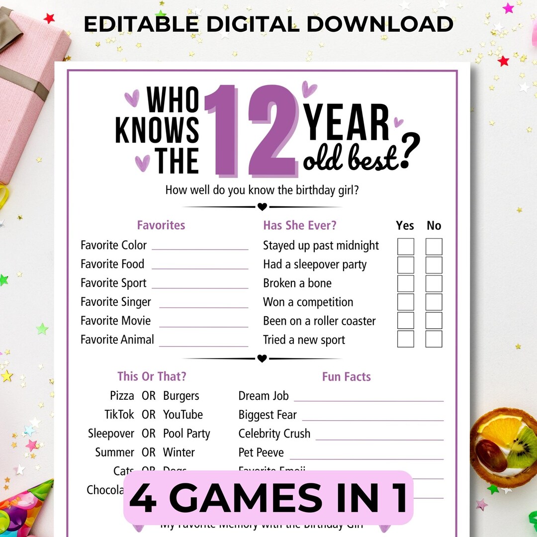 12 Year Old Birthday Girl Party Game Printable: Who Knows Her Best ...