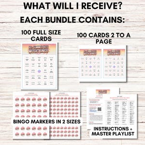 Puede incluir: Una imagen que muestra el contenido de un paquete de bingo musical. El paquete incluye 100 tarjetas de bingo de tama&ntilde;o completo, 100 tarjetas impresas dos por p&aacute;gina, marcadores de bingo en dos tama&ntilde;os e instrucciones con una lista de reproducci&oacute;n maestra. El texto "80s Summer Hits Music Bingo" es visible.