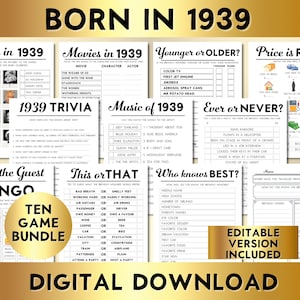 Juegos para fiestas de cumpleaños número 86, nacidos en 1939, paquete de 10 juegos imprimibles, descarga instantánea, editables, personalizables, música, trivia, libro de visitas BP001