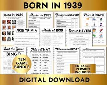 85th Birthday Party Games, Born in 1939, Printable 10 Game Bundle, Instant Download, Bingo, Price Is Right, Music, Trivia, Guest Book BP001