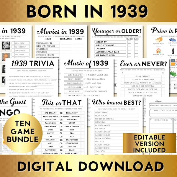 85th Birthday Party Games, Born in 1939, Printable 10 Game Bundle, Instant Download, Bingo, Price Is Right, Music, Trivia, Guest Book BP001