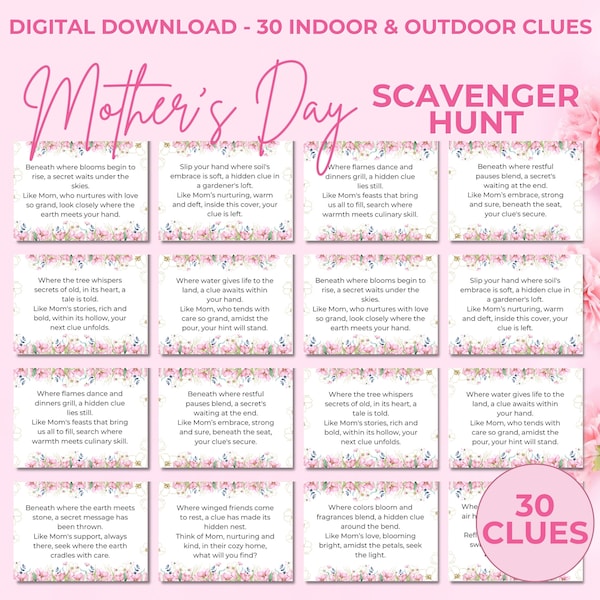 Mother's Day Scavenger Hunt, Mother's Day Game, Mother's Day Treasure Hunt Clues, Mothers Day Clue Cards, Instant Download