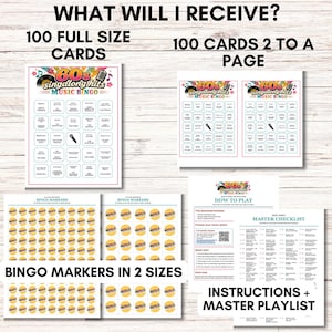 May include: A digital music bingo game set titled 60s Singalong Hits Music Bingo. Includes 100 full-size cards, 100 cards formatted two per page, two sheets of circular bingo markers in different sizes, instruction sheet, and a master checklist.