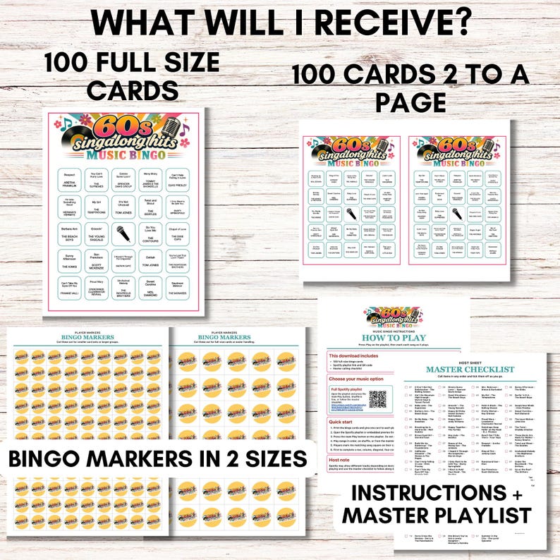 May include: A digital music bingo game set titled 60s Singalong Hits Music Bingo. Includes 100 full-size cards, 100 cards formatted two per page, two sheets of circular bingo markers in different sizes, instruction sheet, and a master checklist.