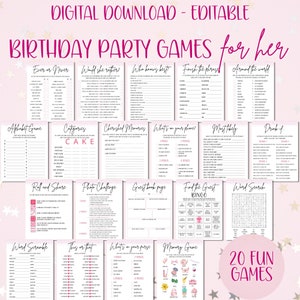 Birthday Games For Her, Editable Printable 20 Game Bundle, Modern Birthday Party Ideas, 21st, 30th, 50th, 60th, Personalize in Canva