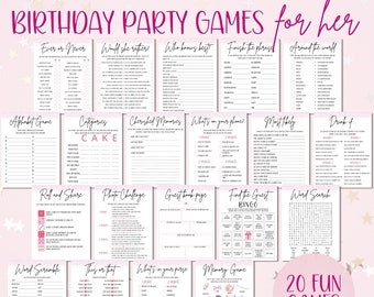 Verjaardagsspellen voor haar, bewerkbare afdrukbare 20 spelbundel, moderne verjaardagsfeestideeën, 21e, 30e, 50e, 60e, personaliseren in Canva