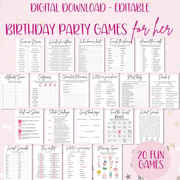 Birthday Games For Her, Editable Printable 20 Game Bundle, Modern Birthday Party Ideas, 21st, 30th, 50th, 60th, Personalize in Canva