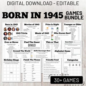 80th Birthday Party Games Bundle, Born in 1945 Trivia, Fun Printable Games for Adults, Instant Download