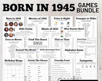 May include: A printable set of 30+ games for a 1945-themed birthday party. The games include "Born in 1945", "Movies of 1945", "Price is Right", "Younger or Older", "1945 Trivia", "Ever or Never", "Music of 1945", "Who Knows Best?", "Find the Guest Bingo", "This or That", "Around the World", "Selfie Scavenger Hunt", "Alphabet Game", "Birthday Bingo", "Finish the Phrase", "Friendly Feud", and "Categories".