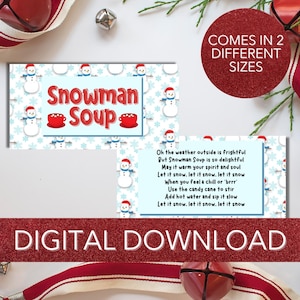 May include: Printable digital download of a snowman soup recipe card. The card features a blue and white background with a snowman pattern and the text "Snowman Soup". The card also includes a poem about snowman soup.