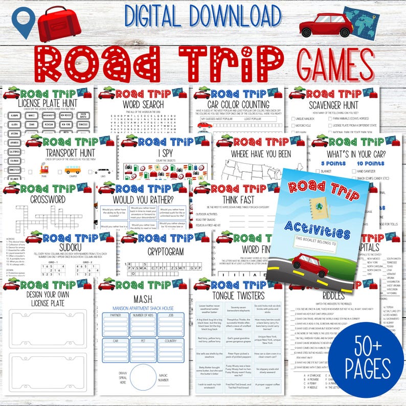 Kids Road Trip Games, Printable Family Road Trip Planner, Car Games, Travel Printables, Road Trip Journal, Family Vacation, Scavenger Hunt