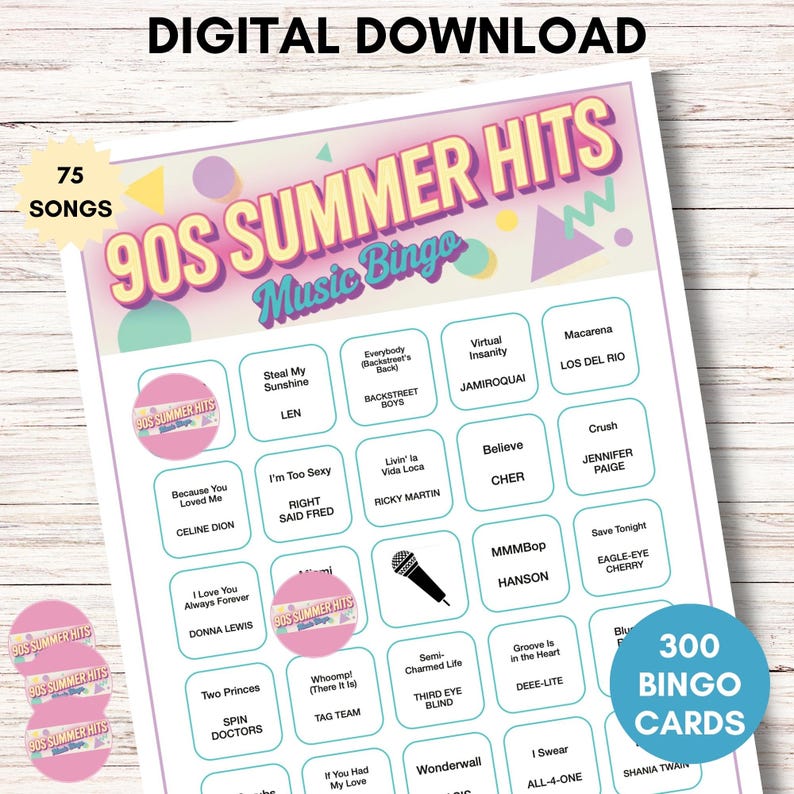 May include: A digital download of 90s Summer Hits Music Bingo game. The bingo card features a colorful design with song titles and artist names. Includes 75 songs and 300 bingo cards. The text "Digital Download" is at the top.