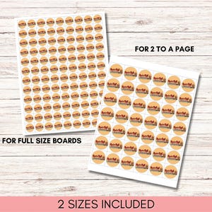 May include: Two sheets of round stickers with a vintage design. The stickers have a tan background with a brown and red logo. Text on the sheets reads "FOR FULL SIZE BOARDS" and "FOR 2 TO A PAGE". The bottom of the image reads "2 SIZES INCLUDED".
